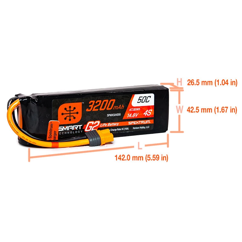 Spektrum 14.8V 3200mAh 4S 50C Smart G2 LiPo Battery: IC3 for Batteries 2 Spektrum 14.8V 3200mAh 4S 50C Smart G2 LiPo Battery: IC3 for Batteries - Image 2