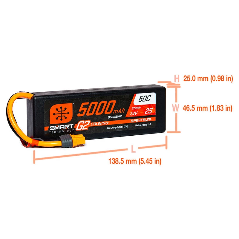 Spektrum 7.4V 5000mAh 2S 50C Smart LiPo G2 Hard Case: IC3 for Batteries 2 Spektrum 7.4V 5000mAh 2S 50C Smart LiPo G2 Hard Case: IC3 for Batteries - Image 2